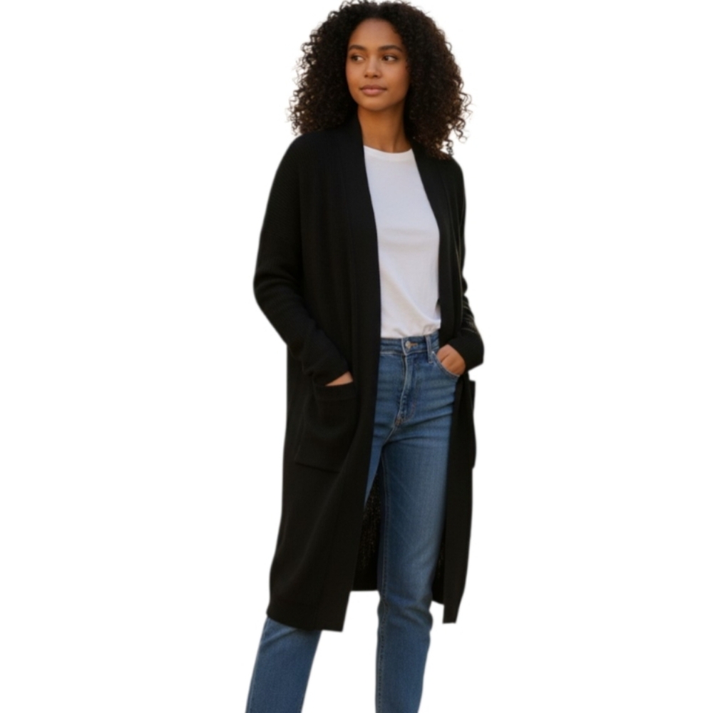 Cielo Long Open-Front Black Cardigan with Pockets SZ.L EUC